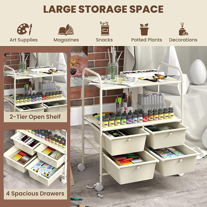 COSTWAY 4-Drawer Storage Cart, Mobile Storage Organizer w/Steel Frame & 360° Wheels, 4-Drawer Utility Cart for Living Room, Kitchen, Bathroom & Office (White)