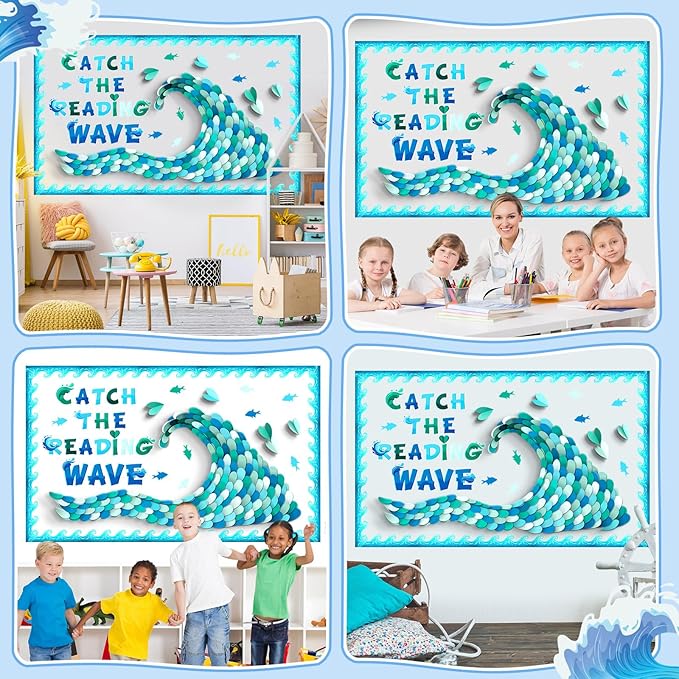 Epakh DIY Ocean Waves Bulletin Board Set Ocean Theme Classroom Decorations Blue and White Fish Heart Shaped Paper Cutouts with Waves Borders for Summer Back to School Office Library Supplies