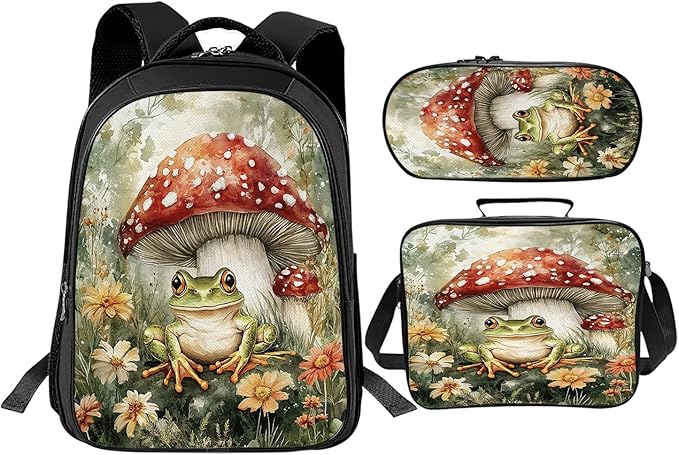 Mushroom Frog Backpack Set 3 Piece School Bags and Lunch Box with Pencil Case Green Cute Frogs Mushrooms Bookbag Set for Toddler Kids Girls Boys Teens Kindergarten Elementary Middle