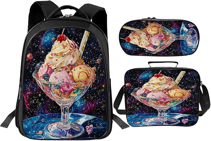 Ice Cream Backpack Set 3 Piece School Bags and Lunch Box with Pencil Case Funny Blue Galaxy Space Bookbag Set for Toddler Kids Girls Boys Teens Kindergarten Elementary Middle