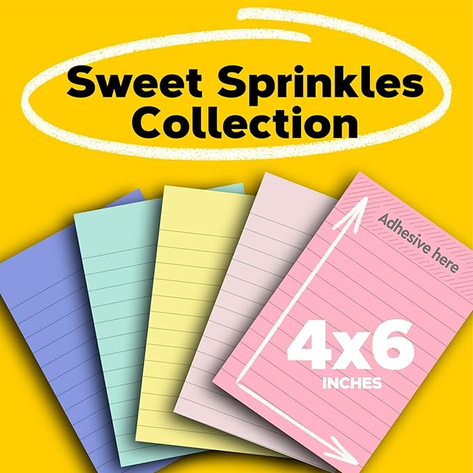 Post-it Greener Notes, 4x6 in, 5 Pads, America's #1 Favorite Sticky Notes, Sweet Sprinkles Collection, Pastel Colors, Clean Removal, 100% Recycled Material (660-RP-A)