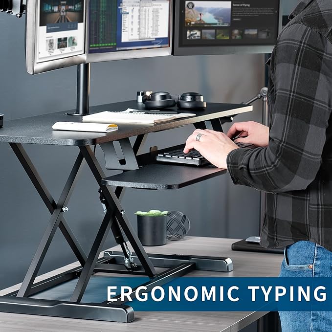 VIVO Height Adjustable 48 inch Standing Desk Converter with Triple 21.5 to 27 inch Monitor Mount, Extra Large Desk Riser, Black, DESK-KIT-48KB3C
