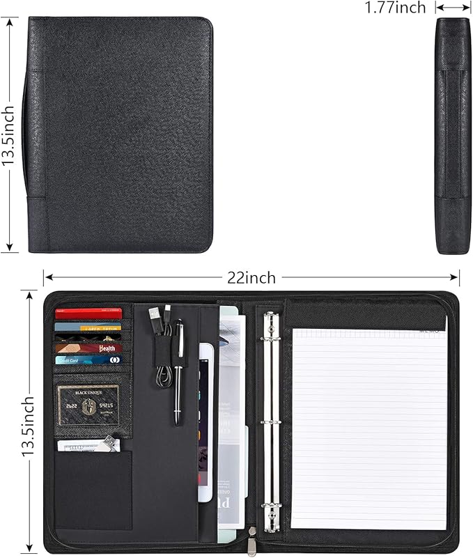 Portfolio Binder, Pacific Mailer 3 Ring Binder Portfolio Organizer with Leather Folder Writing Pad Zipper Business Notebook Binders Tablets Notepads Resumes Documents Holder for Men Women