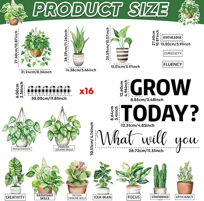 Spring Greenery Potted Plant Bulletin Board Set Motivational Eucalyptus Classroom Decorations What Will You Grow Today Positive Paper Cutouts for Back to School Chalkboard Wall Door Teacher Decor