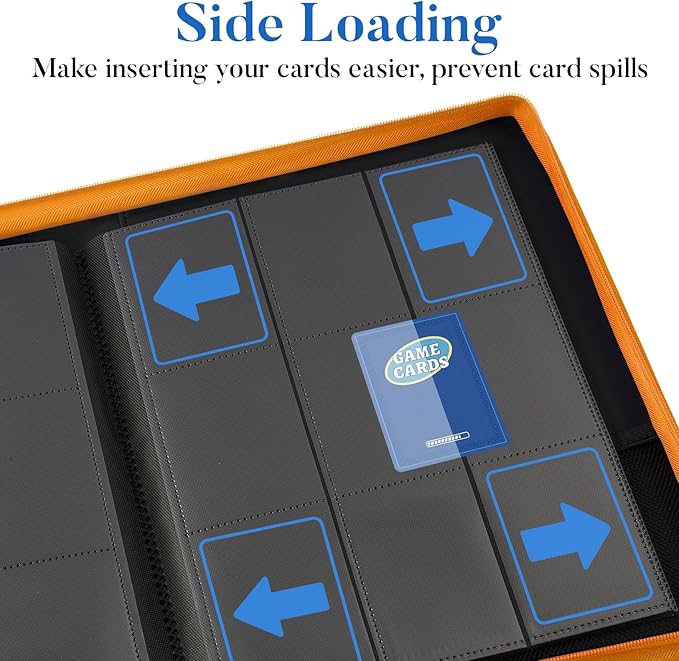Premium Zip Card Binder, Fabmaker 9 Pocket Trading Card Binder, PU Cover Zipper Card Collection Album, Sturdy 360 Side-Loading Card Folder Holder for Game & Sports Cards, Orange
