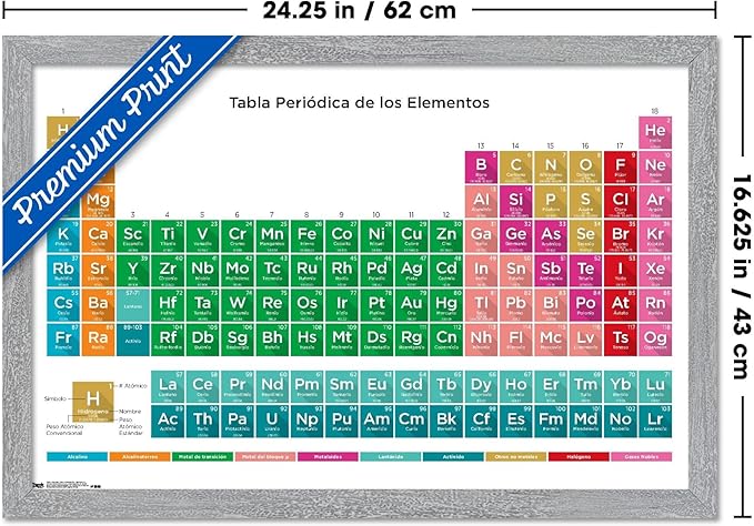 Periodic Table Of Elements - Spanish Wall Poster, 22.4L" x 14.7W", Gray Framed Version