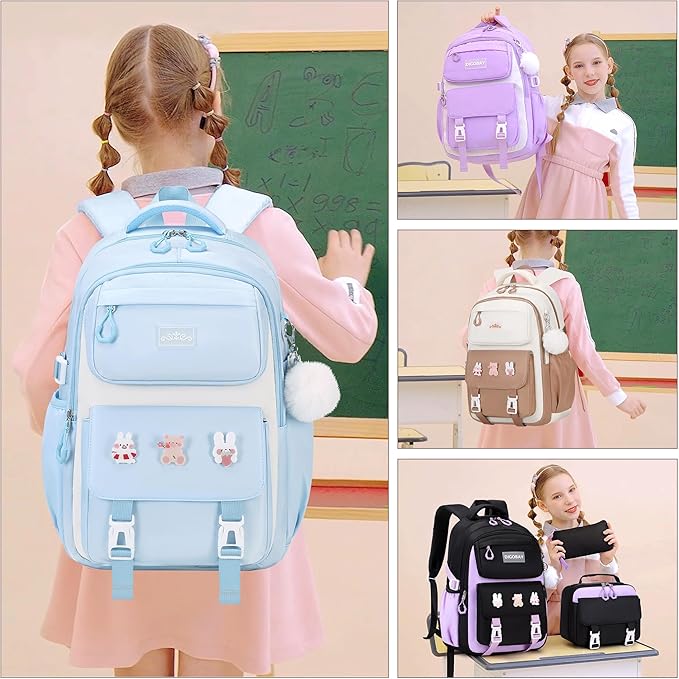 3PCS Girls Backpack for School, Kids Backpack for Girls with Lunch Box Pencil Case Set for Teen Girl Elementary Primary Middle High College School Bookbag with Cute Pins (Blue)