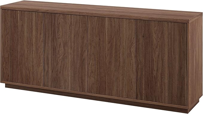 Henn&Hart 68'' Fluted Sideboard Buffet Cabinet, Ribbed Modern Wooden Credenza with 4 Doors, Adjustable Shelves, and Cable Management Cut-Outs for Dining Room, Kitchen, or Living Room, Satin Walnut