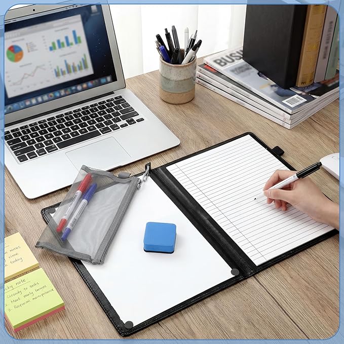 6 Sides Dry Erase Notebook Portable Whiteboards Notebook Small Reusable College Ruled Lined Board Folding Mini Travel Dry Erase White Board for Office Study(Black,A4: 9 x 12 Inches)