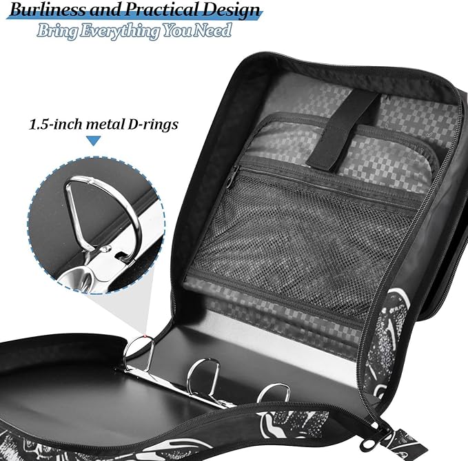 3 Ring Zipper Binder with Shoulder Strap Skull Moon Moth Black Skeleton 1.5 inch Binders Keeper Large Capacity Multi Pockets for School Office Supplies