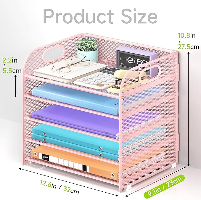 2 Pack 5 Tier Paper Organizer, Letter Tray with Handle, Mesh Desk Organizer, Metal File Organizer, Office Desk Accessories for Home, Office, Classroom, School -Pink