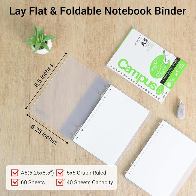 KOKUYO Campus 2x2 Spiral Binder Notebook Set, A5 Refillable Notebook + 60 Refill Papers with 5x5 Graph Ruled, 40 Sheet Capacity, Gray, Perfect for Work, Study & Journal, Japan Import