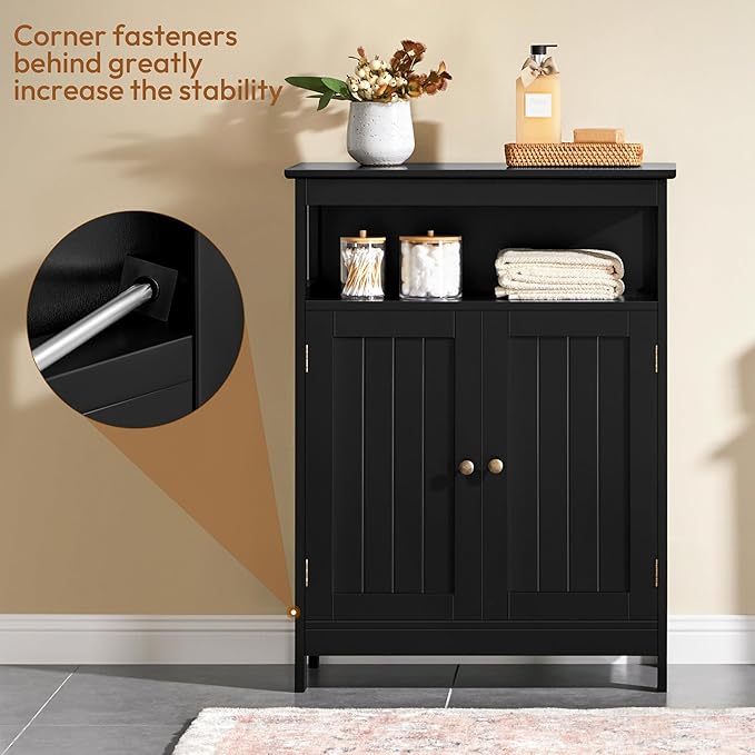 Yaheetech Bathroom Storage Cabinet, Wooden Free Standing Storage Organizer with 2 Doors & 1 Open Compartment, Adjustable Shelf,Floor Cabinet for Bathroom, Living Room, Hallway, Black