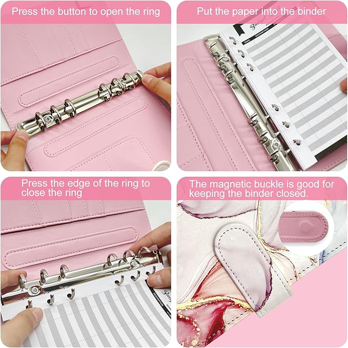 A6 Refillable 6 Ring Faux Leather Budget Binder,Mini Notebook Binder Cover for A6 Filler Paper,Loose Leaf Personal Planner Cover with Magnetic Buckle Closure (Marble Pink)