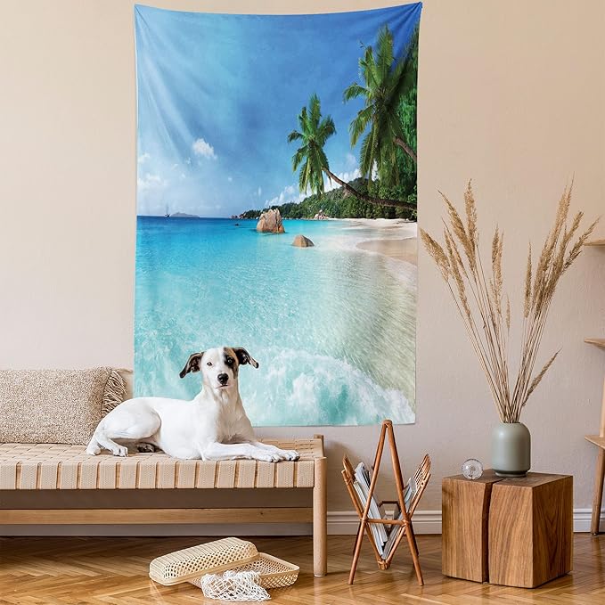 Ambesonne Ocean Tapestry Queen Size, Anse Lazio Beach at Praslin Island Surfing Beach Scenic View Travel, Wall Hanging Bedspread Bed Cover Wall Decor, 88" X 88", Blue and Turquoise
