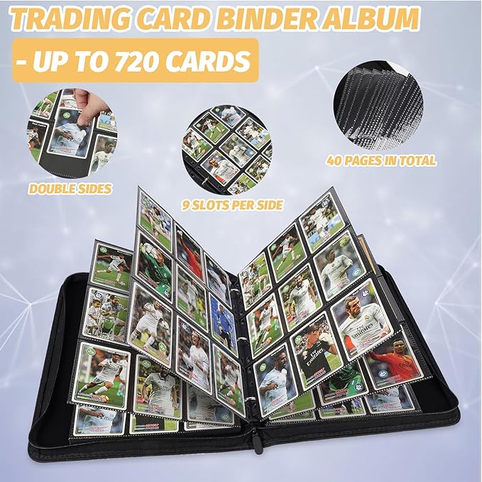 9 Pocket Card Binder, Premium Zip Trading Card Binder, 720 Double Sided Pocket PU Card Collection Binder, Collector Card Album, Card Folder for MTG, TCG, Sports Cards, Game Cards (Lake Blue)