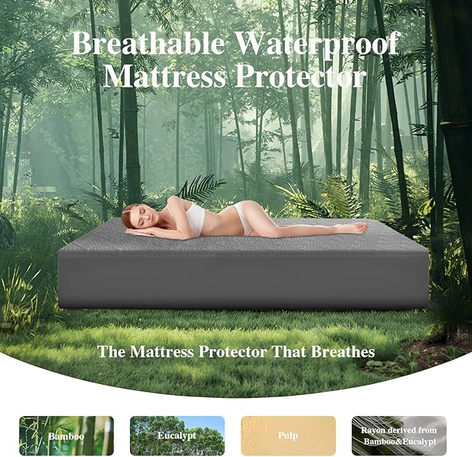 King Mattress Protector, Waterproof Mattress Pad Washable Rayon Mattress Cover Breathable Noiseless Bed Protector 3D Patterns 5" - 21'' Elastic Fitted Deep Pocket(Dark Grey)
