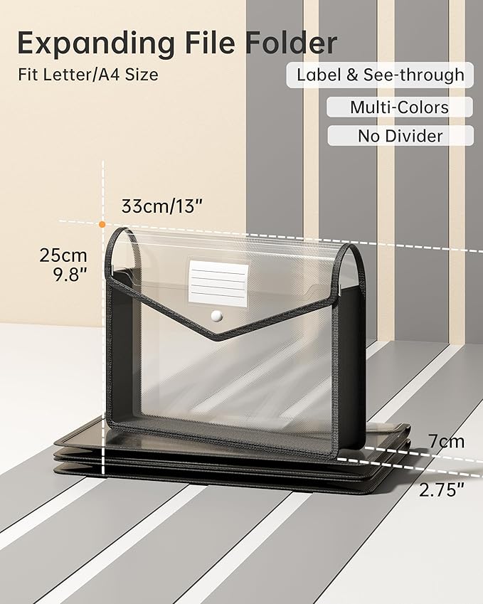 2 Pack Plastic Expanding File Folder, Transparent envelopes with Snap Closure, Fit Letter/A4 Size for School/Office/Home/Hospital, No Dividers, Large Capacity（Black）