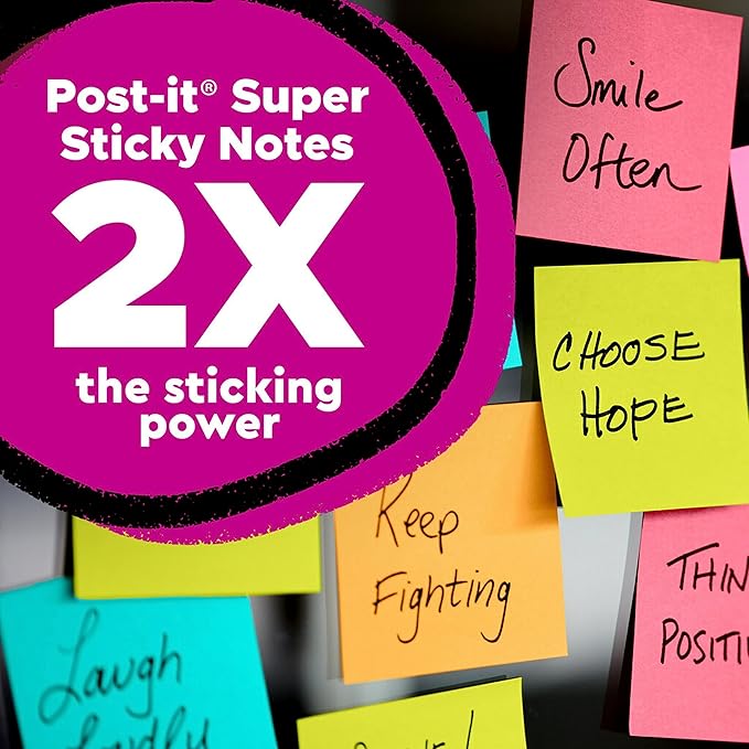 Post-it Super Sticky Notes, Energy Boost Collection, 1260 Total, 3 in x 3 in (76 mm x 76 mm), 14 Pads/Pack, 90 Sheets/Pad, 2X Sticking Power, Recyclable, Assorted Bright Colors