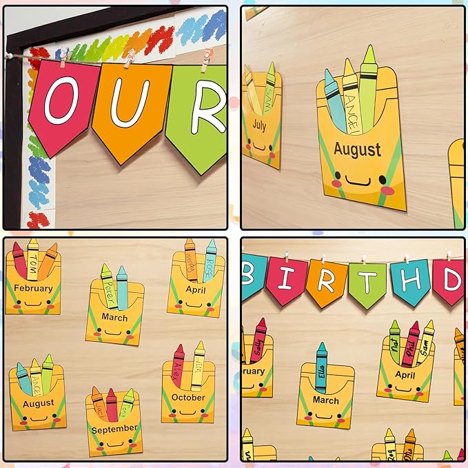 Birthday Bulletin Board Set for Classroom Decorations Pencil Box Cutouts Colorful Pencil Tags with Trim Borders for Back to School Birthday Chalkboard Door Wall Decors Supplies