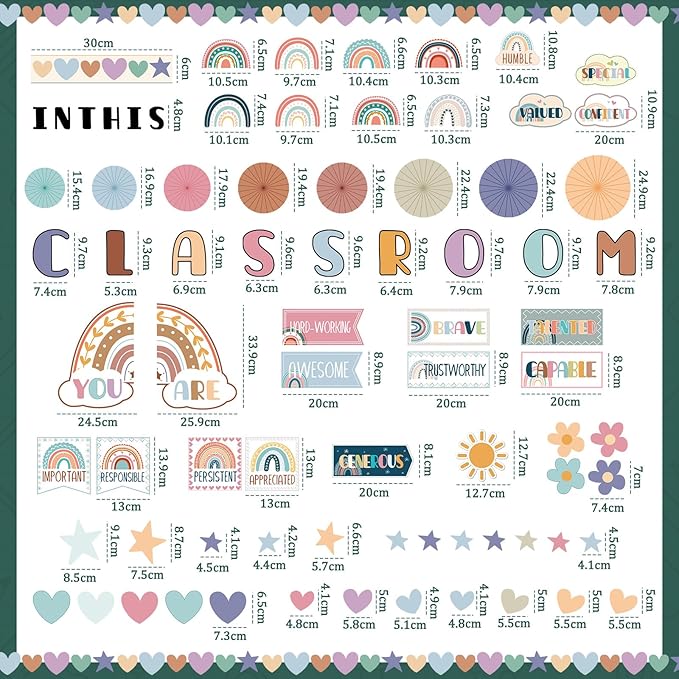 Janlaugh 94 Pcs in This Classroom Bulletin Board Decorations with Paper Fans Boho Classroom Decor Rainbow Motivational Words Cutouts Positive Back to School Bulletin Board Set for Wall Window Office