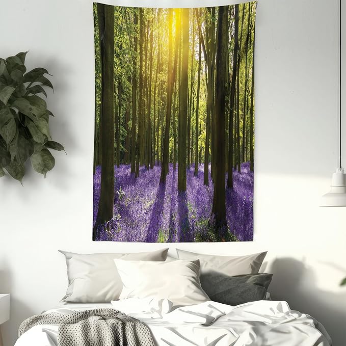 Ambesonne Woodland Tapestry, Sunbeams in the Forest of Bluebells Blooms Deep in Woodland Oxfordshire, Fabric Wall Hanging Decor for Bedroom Living Room Dorm, 30" X 45", Violet Green Yellow