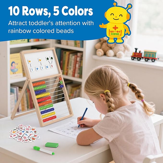 Wooden Abacus for Kids Math - Double-Sided Blackboard Whiteboard for Toddlers with 308 Magnetic Number & Fruit Cards, 100 Counting Sticks Montessori Educational Toys Homeschool Essentials