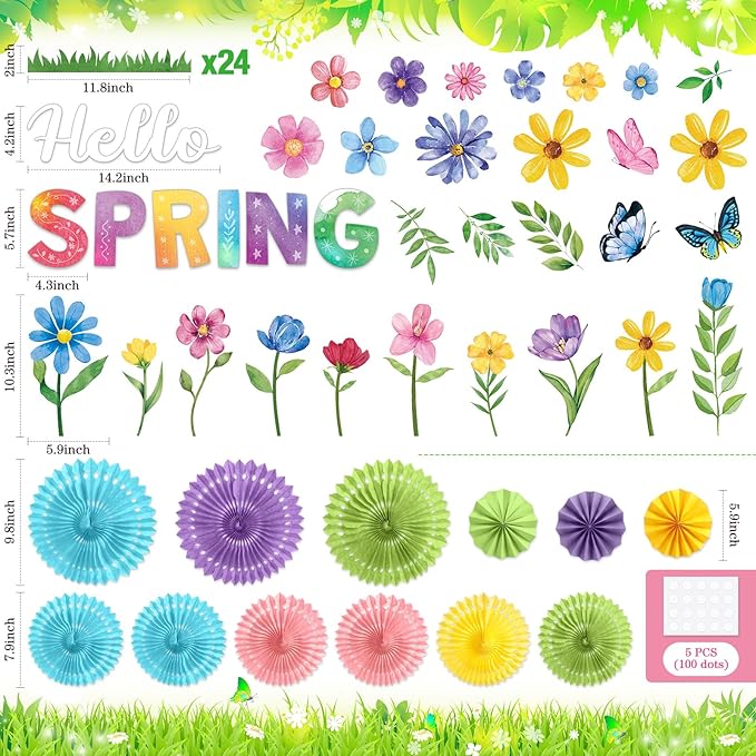 Fuutreo Spring Bulletin Board Set Hello Spring Flowers Cutouts Paper Fans Bulletin Board Border Classroom Decoration for School Office Home Teacher Wall Supply