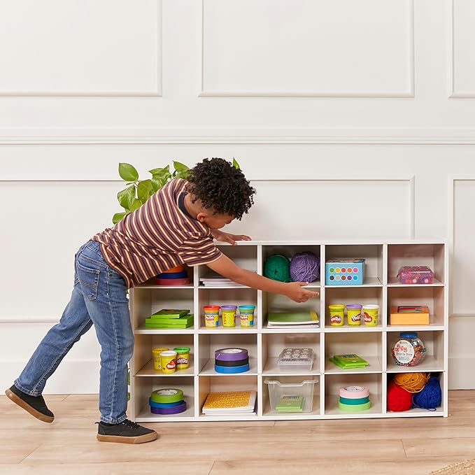 ECR4Kids Streamline 20 Cubby Tray Storage Cabinet, 4x5, Classroom Furniture, White Wash