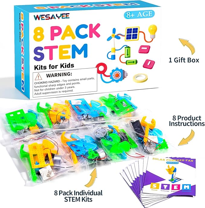 Bulk STEM Kits - 8 Set Solar Powered Fans, Science Kits for Kids Age 8-12 12-14 10-12, Stem Building Toys for Ages 8-13, Boys Girls Crafts for Kids, Classroom School Gifts Experiments Activities