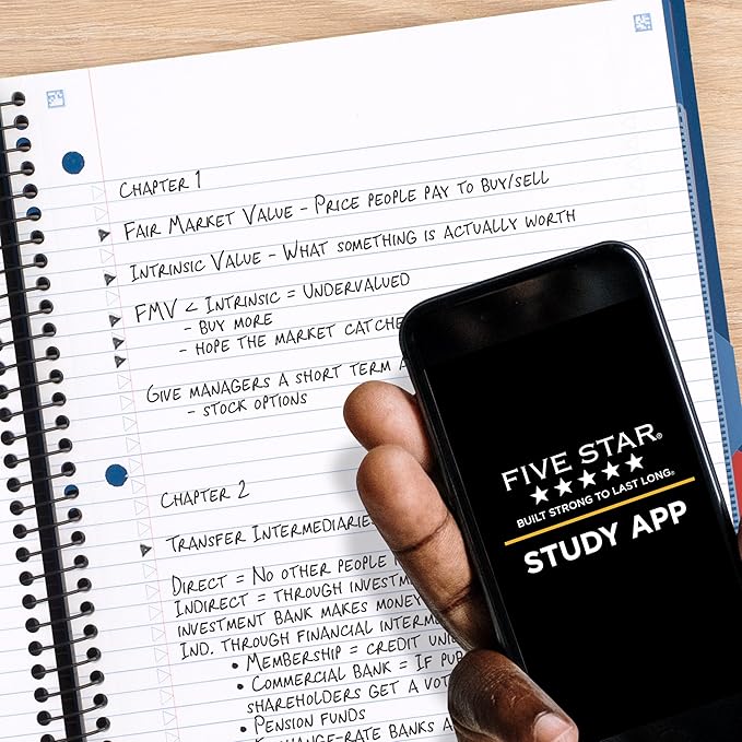 Five Star Advance Spiral Notebook + Study App, 5 Subject, College Ruled Paper, 8-1/2" x 11", 200 Sheets, Spiral Guard, Movable Tabbed Dividers, White (73154) (Pack of 6)
