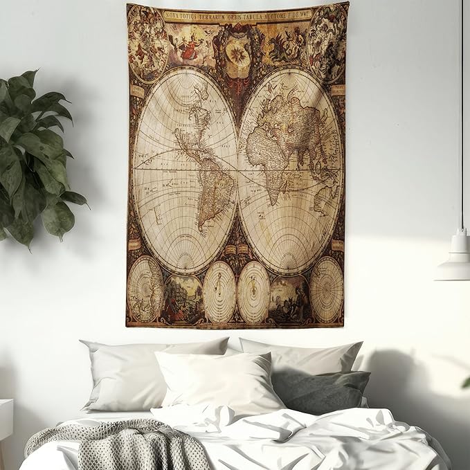 Ambesonne World Map Tapestry, Old World Map Drawn in 1720s Nostalgic Style Art Historical Atlas Vintage Design, Wall Hanging for Bedroom Living Room Dorm Decor, 40" X 60", Multicolor