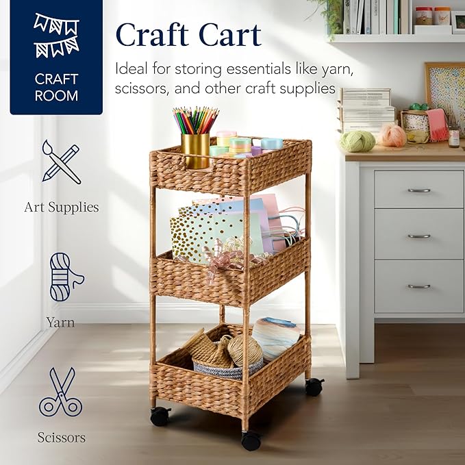 Best Choice Products 3-Tier Water Hyacinth Rolling Nursery Caddy w/Wheels, Utility Cart, Storage Organization for Bathroom, Craft Room, Laundry Room– Chestnut