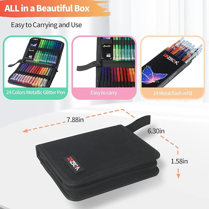 ZSCM 48 Pack Metallic Glitter Gel Pens Set, 24 Colors Sparkle Gel Pens with 24 Glitter Pen Refills in Canvas Bag for Adult Coloring Book Drawing Crafts Scrapbooks Journaling