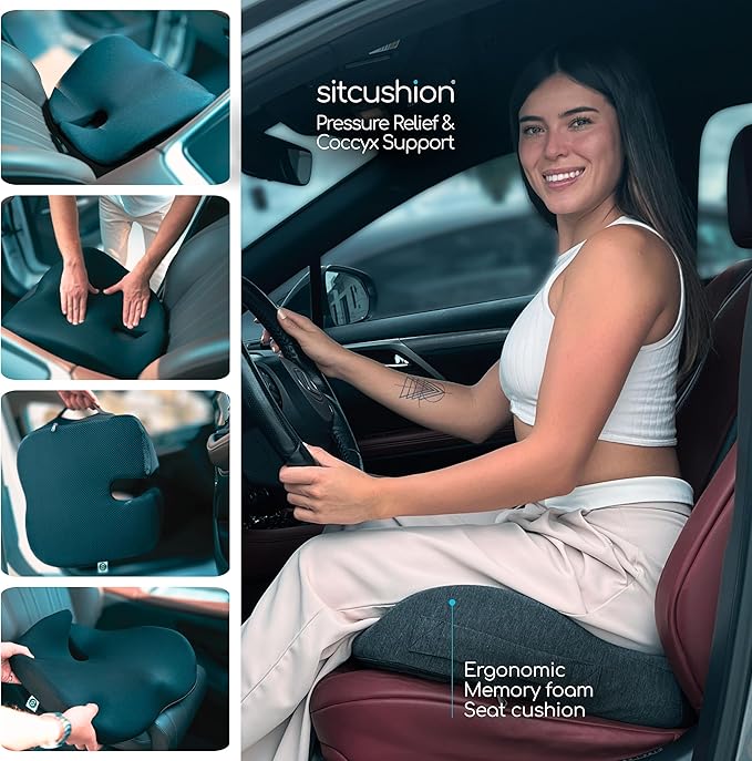 Car Seat Cushion for Long Driving – X Large Memory Foam Seat Cushion for Sciatica & Tailbone Pain Relief, Orthopedic Coccyx Cushion with Non-Slip Bottom, Back Pillow for Car, Truck (Black)