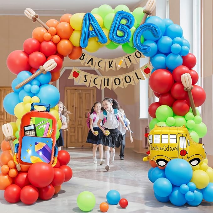 Back to School Balloon Garland Arch Kit, 164pcs Rainbow Balloons with Schoolbag Bus Foil Balloon for Back to School Decorations Kindergarten Graduation First Day of Party Supplies