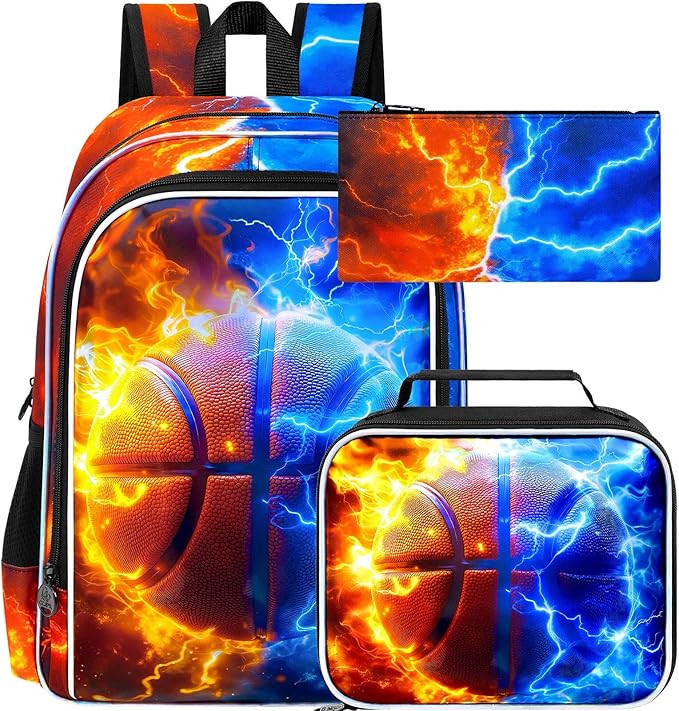 gxtvo 3PCS Boys Basketball School Backpack, 17" Kids Bookbag with Lunch Box, Water Resistant Middle Elementary School Bag - Fire & Lightning Basketball