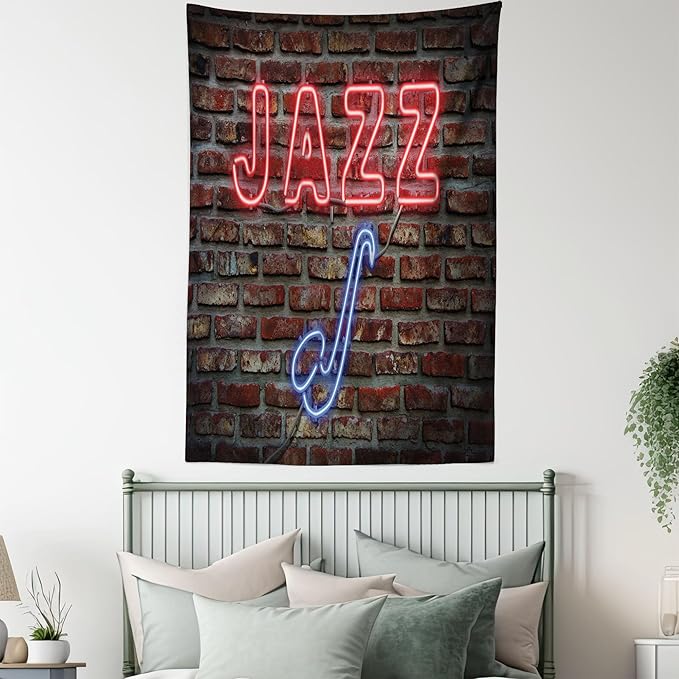 Ambesonne Music Tapestry, Image of Alluring Neon All Jazz Sign Saxophone Instrument on Brick Wall Print, Fabric Wall Hanging Decor for Bedroom Living Room Dorm, 30" X 45", Red Blue