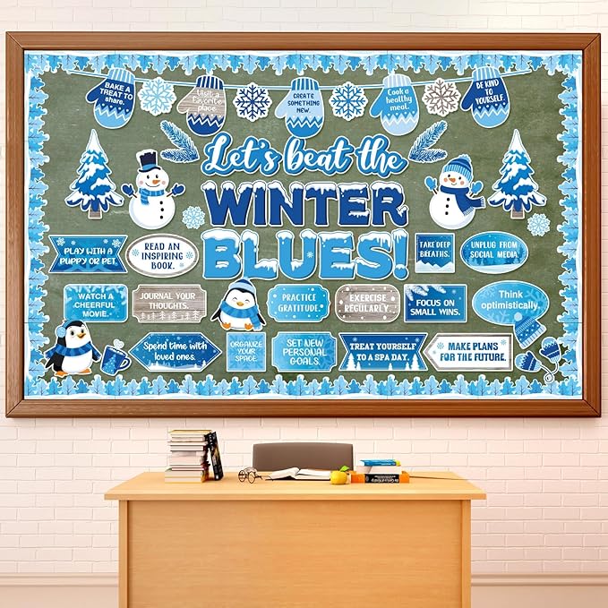 Honoson 68 Pcs Winter Bulletin Board Decorations Set Winter Mental Health Classroom Decor Snowman Snowflake Motivational Cutouts for January Xmas Holiday Party School Office Home Wall Door Supplies
