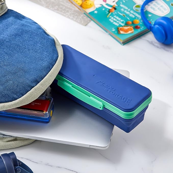 Bostitch LockerMate Flexi Storage Expandable Pencil Box, 1-3/4"H x 3" W x 8-3/4"D, Navy/Green