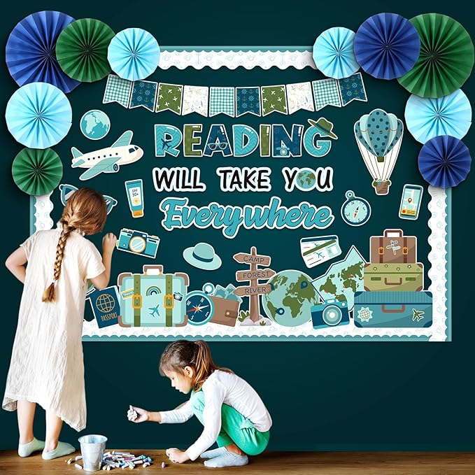 Eersida Spring Bulletin Board Decorations with Paper Fans St Patricks Day 3D Classroom Bulletin Board Christian Easter Flower Bunny Cutouts School VBS Library Church Window Wall Decor(Travel)