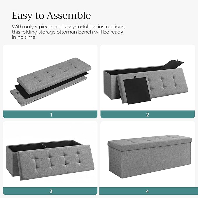 SONGMICS 43 Inches Folding Storage Ottoman Bench, Set of 2, Storage Chest, Foot Rest Stool, Bedroom Bench with Storage, Light Gray, ULSF422G02