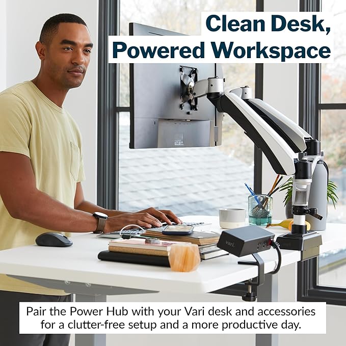 Vari Power Hub 4th Gen – Desk Mount Charging Station with 5 AC Outlets, 2 USB-C Ports, and 1 USB-A Port – Fast 45W Power Delivery, 12’ Cord, Clamp-On Design for Easy Install