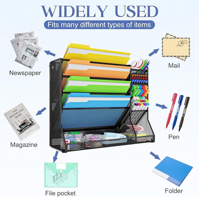 Magnetic File Organizer 5-Tier, No Drilling Installation, Office Magnetic Paper Holder with R-shaped Tray, Wall Hanging File Organizer, Mail Organizer for Refrigerator & Whiteboard & File Cabinet