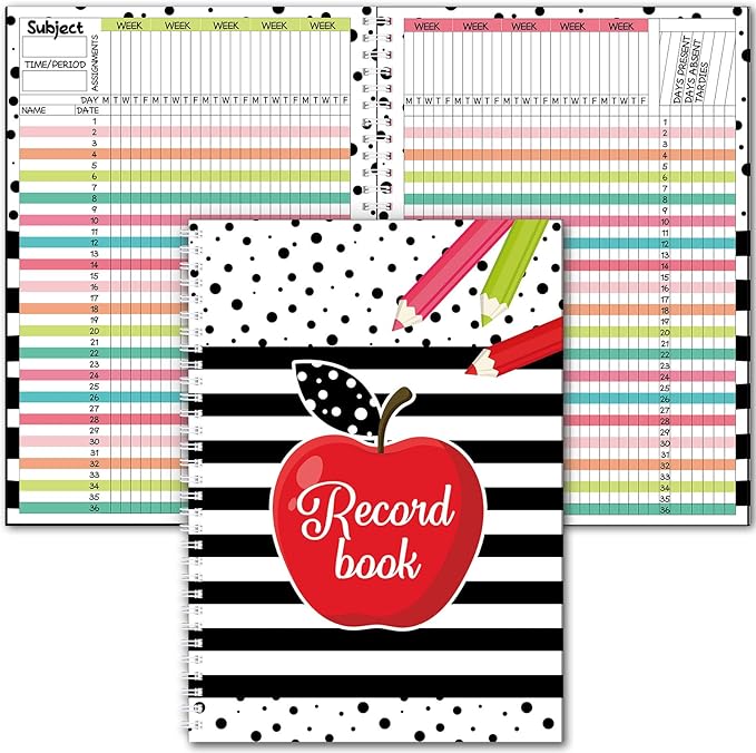Teacher Record Book Teacher Grade Book 2026-2027 Apple Spiral Bound Record Class Planner 2026 Gradebook Office Favors for Classroom Attendance Supplies Double Sided Printing