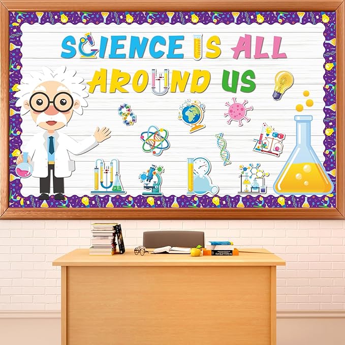 party greeting Science Bulletin Board Set Science is All Around Us Classroom Decoration Scientist Lab Paper Cutouts Bulletin Board Border for Wall Decor Teacher Must Haves Back to School Supplies
