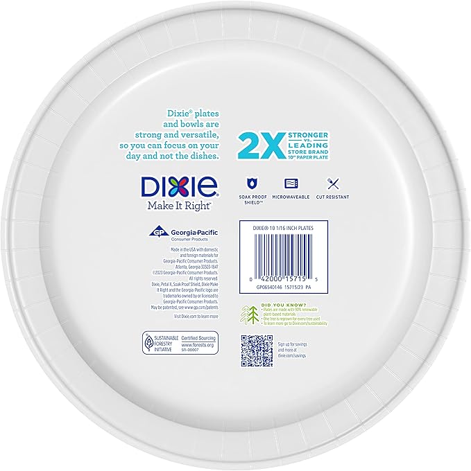 Dixie Large Paper Plates, 10 Inch, 2X Stronger*, Microwave-Safe, Soak-Proof, Cut Resistant, Disposable Plates for Everyday Breakfast, Lunch, & Dinner Meals, 54 Count (Pack of 2)