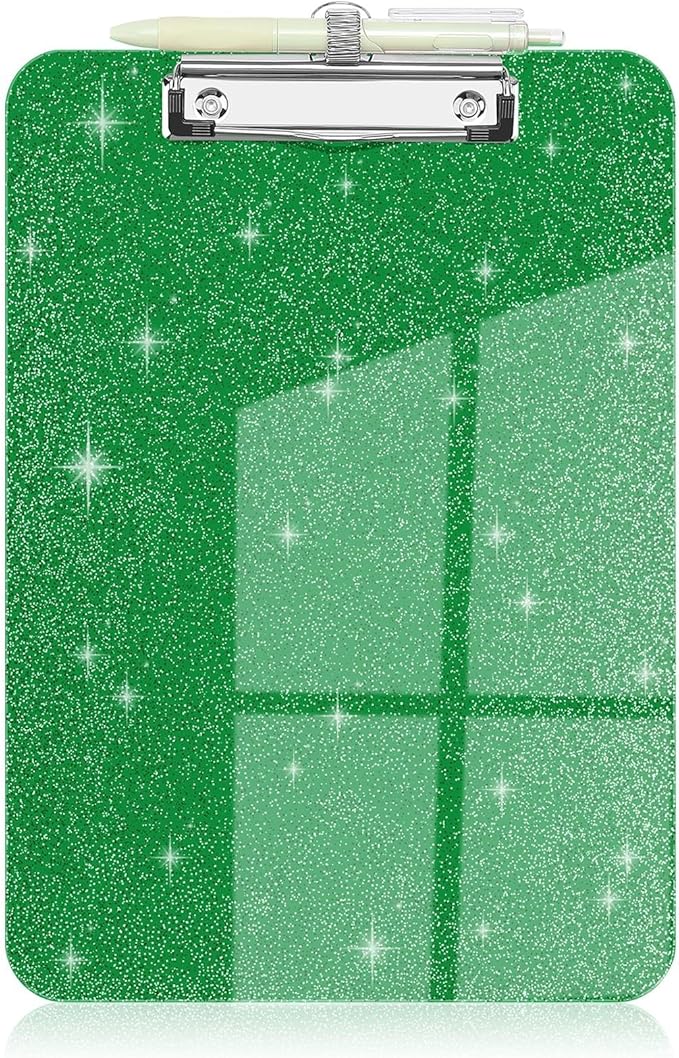 SFLHHDM Clear Glitter Clipboards, Plastic Clipboard with Pen Holder, Clip Boards 8.5x11 with Low Profile Clip, Cute Hanging Clip Board for Office School Supplies Sparkly Clipboard (Christmas Green)