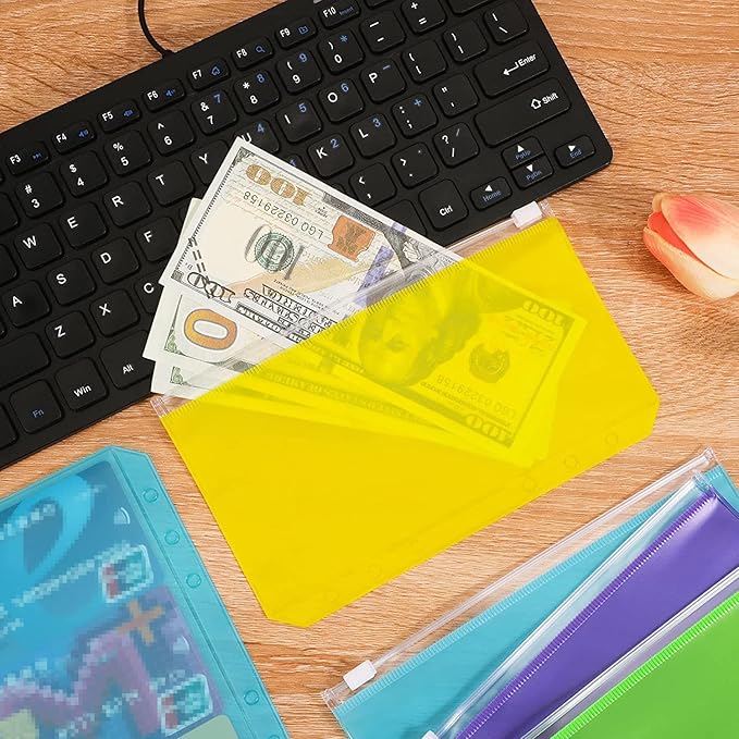 7 Pack A6 6 Holes Binder Pockets Plastic Binder Zipper Folders Waterproof 6 Holes Zipper Loose Leaf Bags Zip Lock Envelope for Documents Notebooks Cards (7 Color Zip Pocket, A6)