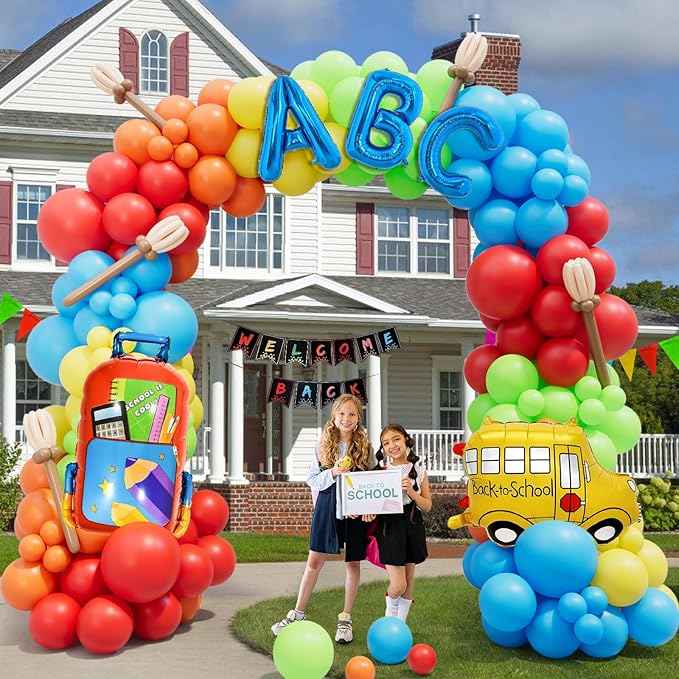 Back to School Balloon Garland Arch Kit, 164pcs Rainbow Balloons with Schoolbag Bus Foil Balloon for Back to School Decorations Kindergarten Graduation First Day of Party Supplies